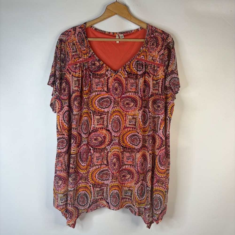 Cato Est. 1946 Blouse Women 18/20W Orange Geometric Mesh Handkerchief Hem Top